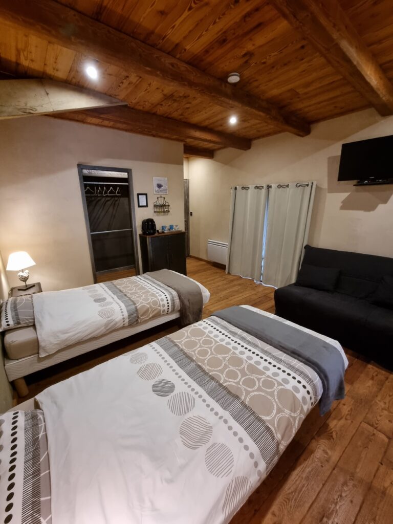 Warm decor of the Roubion room with wooden floor and ceiling, equipped with 2 single beds. A door provides access to the dressing room. The courtesy tray and the pod coffee maker are placed on a brown metal cabinet.