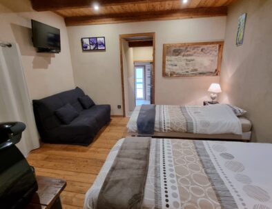 Décor chaleureux de la chambre d'hôtes Roubion avec plancher en bois, pierres apparentes, équipées de 2 lits simples et canapé convertible, TV murale et un dégagement pour accéder à la salle de bain